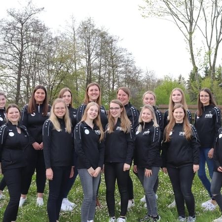 Mehrere Mädchen präsentieren die Trainingsanzüge der Schautanzgruppe