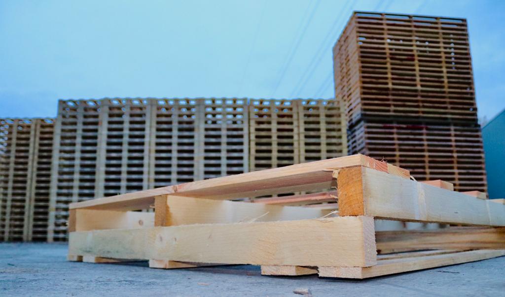 Nahaufnahme einer Holzpalette aus der Froschperspektive